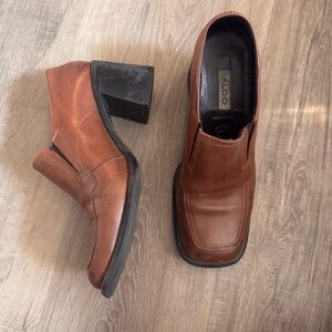 Aldo Y2K Women’s Brown Leather Chunky Block Heel Square Toe Penny Loafers 38